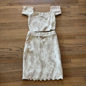Roxy Womens Ribbed Knit 2 Piece Set Tan White Crop Top Skirt XS S